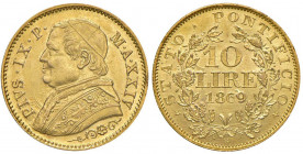 Pio IX (1846-1878) 10 Lire 1869 A. XXIV - Nomisma 856 AU (g 3,23) Fondi con minimi difetti di conio e leggermente lucidati al D/ 

 

SPL+