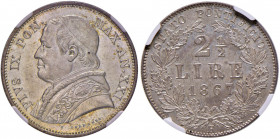 Pio IX (1846-1878) 2,50 lire 1867 A. XXI - Nomisma 862 AG In slab NGC MS 64 cod. 2819819-014. Ex asta Goldberg 115 lotto 2235. Conservazione ecceziona...