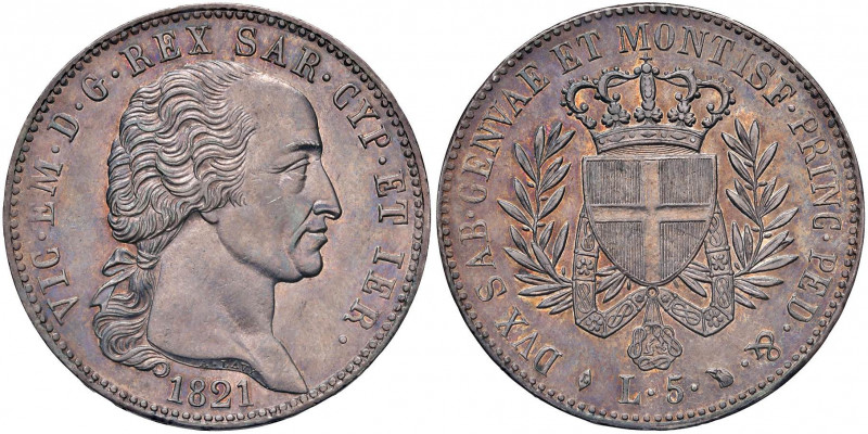 Vittorio Emanuele I (1814-1821) 5 Lire 1821 - Nomisma 520 AG RRR Pesante patina...