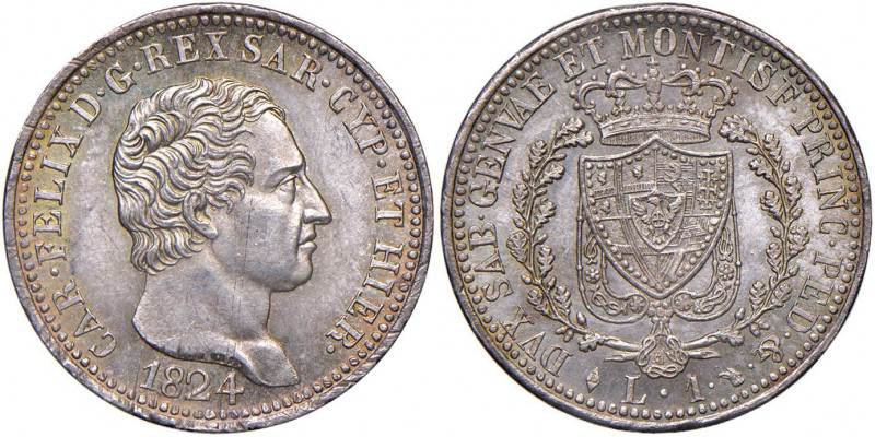 Carlo Felice (1821-1831) Lira 1824 T - Nomisma 587 AG RR Graffietto sulla guanci...