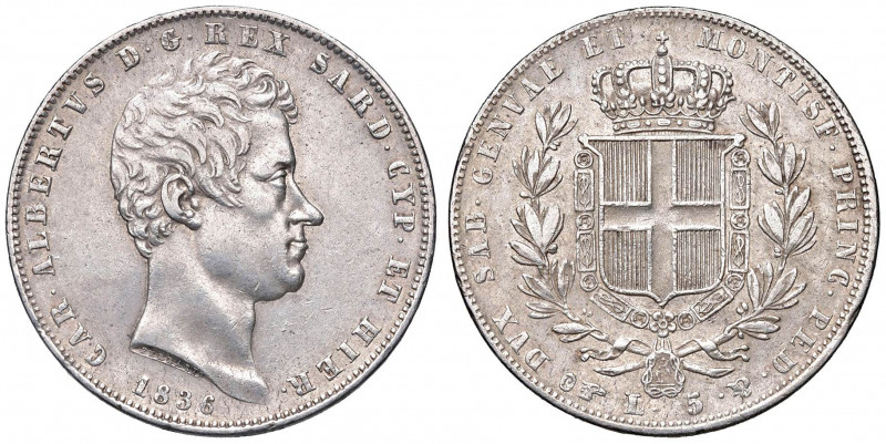 Carlo Alberto (1831-1849) 5 Lire 1836 T - Nomisma 685 AG RR Modesta porosità sup...