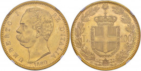 Umberto I (1878-1900) 100 Lire 1880 - Nomisma 970 AU RRRR Tiratura di soli 145 esemplari. In slab NGC MS 60 cod. 5780330-004 

 

qFDC/FDC