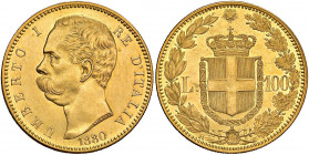 Umberto I (1878-1900) 100 Lire 1880 - Nomisma 970 AU RRRR Tiratura di soli 145 esemplari. Segni di pulitura leggera su fondi speculari. Minimi segnett...