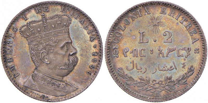 Umberto I (1878-1900) Eritrea - 2 Lire 1896 - Nomisma 1040 AG R Bella patina. Se...