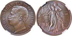 Vittorio Emanuele III (1900-1946) 10 Centesimi 1911 Cinquantenario Prova - Nomisma P.58 CU (g 9,75) RR In slab NGC MS68+ BN 6141773-005. Conservazione...