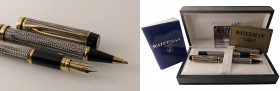 WATERMAN Coppia di penne - Una stilografica e una a sfera. Corpo delle penne a fantasia bianca e marrone con finiture dorate. Pennino della stilografi...