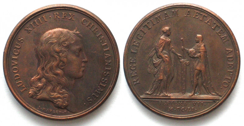 1651. LA MAJORITÉ DU ROI.
AE Medaille par Jean Mauger (1648-1722). 41mm, 32.9g....