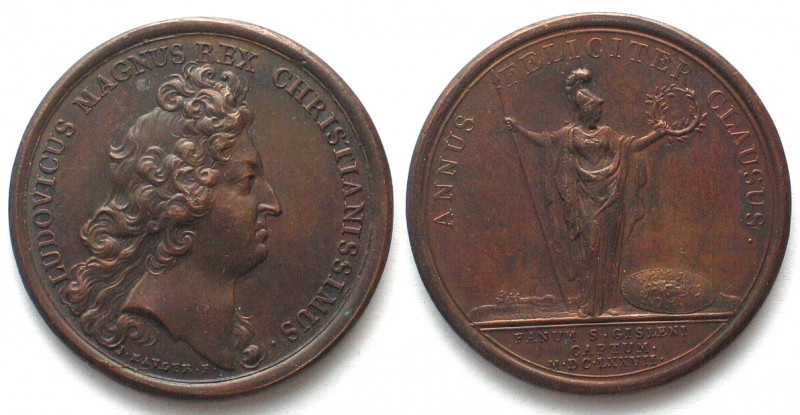 1677. PRISE DE SAINT GHISLAIN.
AE Medaille par Jean Mauger (1648-1722). 41mm, 2...
