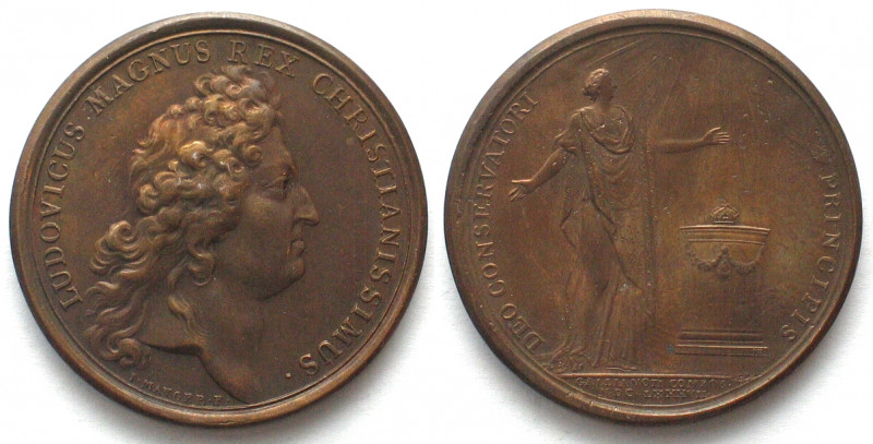 1687. LA GUÉRISON DU ROI.
AE Medaille par Jean Mauger (1648-1722). 41mm, 31.5g....