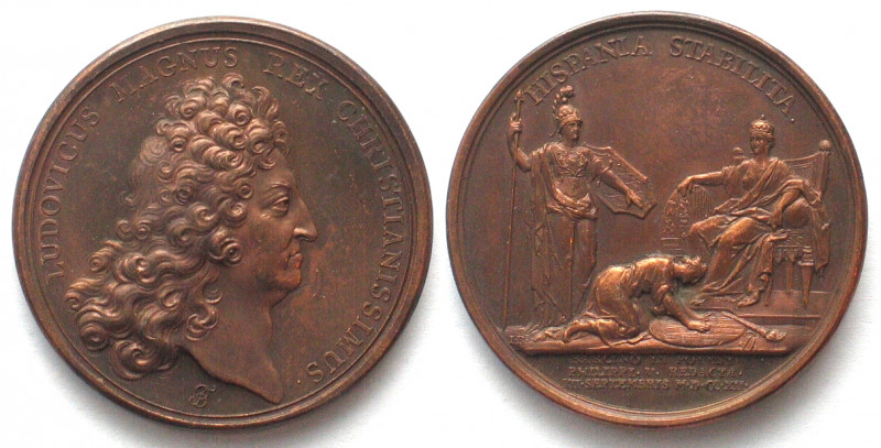 1712. PRISE DE BARCELONE.
AE Medaille par Jean Le Blanc (1675-1749). 41mm, 29g....