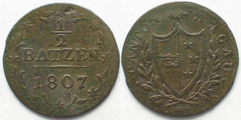 AARGAU. Kanton. Halbbatzen 1807, Billon, selten!
HMZ 2-24a. ss (VF)