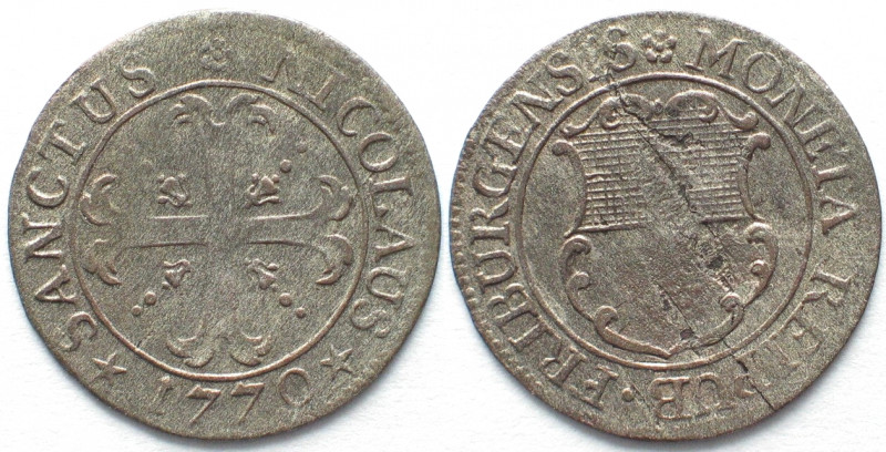 FREIBURG.Halbbatzen 1770, Billon, Erhaltung!
HMZ 2-277u. Schrötlingsfehler / fl...