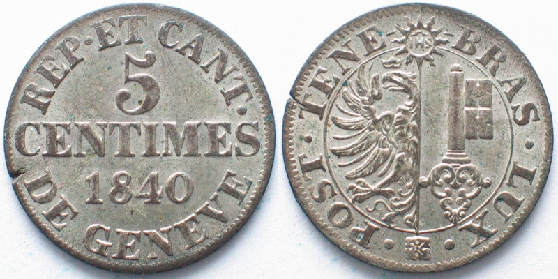 GENF. 5 Centimes 1840, Billon, Erhaltung!
HMZ 2-367a. Schrötlingsfehler am Rand...
