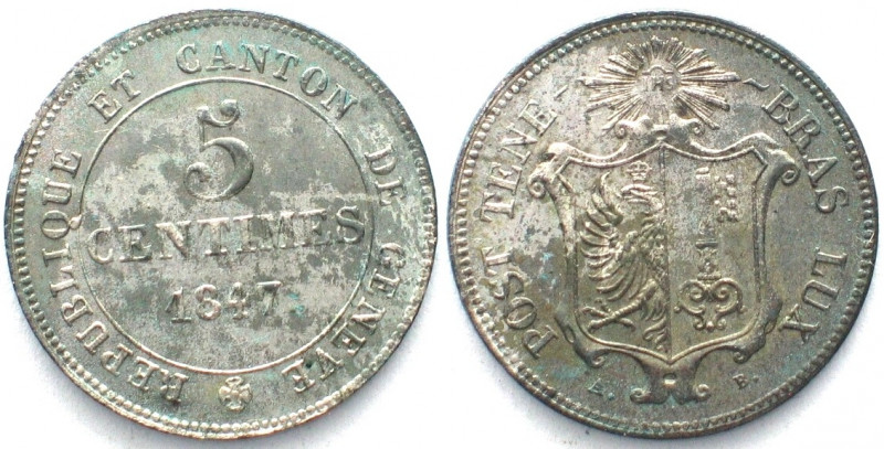 GENF. 5 Centimes 1847, Billon, Erhaltung!
HMZ 2-367b. unz (UNC)