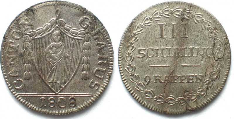 GLARUS. Kanton. 3 Schillinge (9 Rappen) 1808, Billon, Erhaltung!
HMZ 2-373b. Üb...