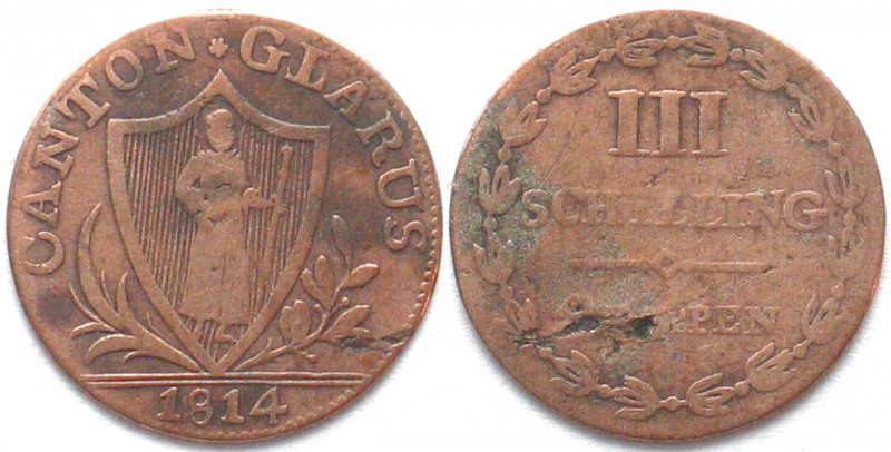 GLARUS. Kanton. 3 Schillinge (9 Rappen) 1814, Billon
HMZ 2-373f. fast ss (VF-)