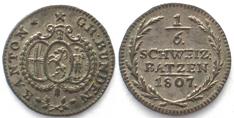 GRAUBÜNDEN. Kanton. 1/6 Batzen 1807, Billon, Erhaltung!
HMZ 2-607a. unz (UNC)