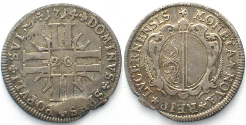 LUZERN. 20 Kreuzer 1714, Silber
HMZ 2-655b. Schrötlingsfehler am Rande, s. Abb....