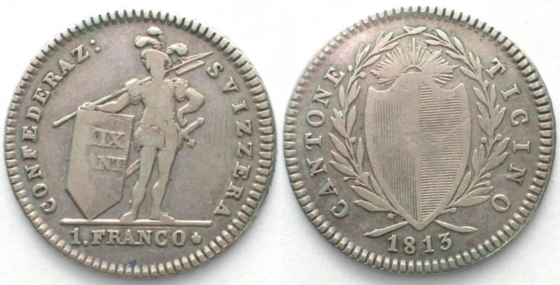 TESSIN. 1 Franken 1813, ohne Mzz, Silber, sehr selten!
HMZ 2-925a. Fast ss (VF-...