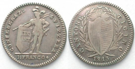 TESSIN. 1 Franken 1813, ohne Mzz, Silber, sehr selten!