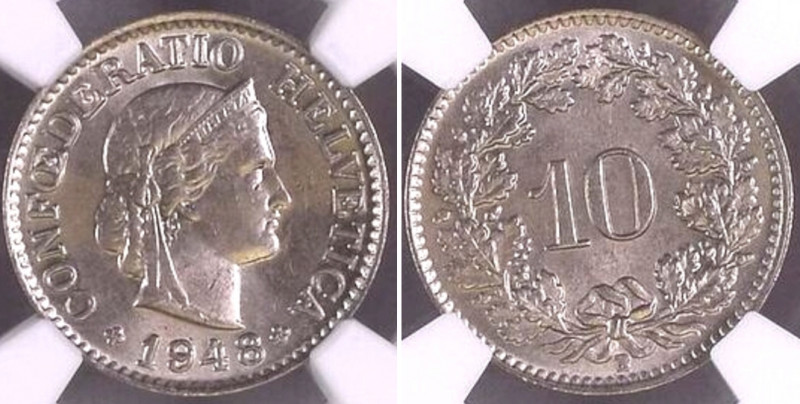EIDGENOSSENSCHAFT. 10 Rappen 1948, Cu-Ni, NGC MS 64
HMZ 2-1210ddd