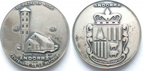 ANDORRA. Pattern 5 Pesetas 1967, Reform Centennary, silver, 35mm, rare! AU