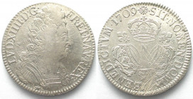 FRANCE. Ecu 1709 N, Montpellier, Louis XIV, silver, AU!