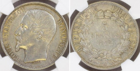 FRANCE. 5 Francs 1852 A, Louis-Napoleon Bonaparte, silver, extremely rare variety! NGC AU 55