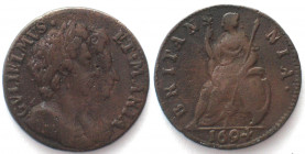 GREAT BRITAIN. Farthing 1694, William & Mary, no stop after MARIA, copper, VF