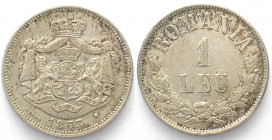 ROMANIA. 1 Leu 1873 (b), Brussels, Carol I, silver, AU!