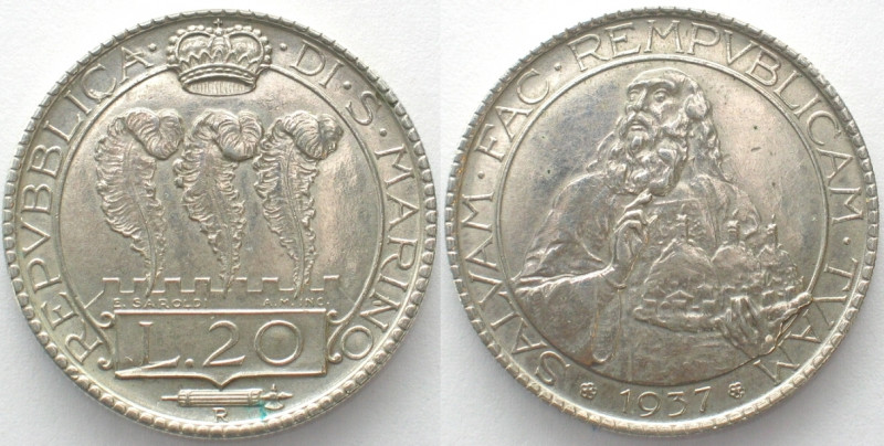 SAN MARINO. 20 Lire 1937, silver, AU/UNC
KM # 11a.