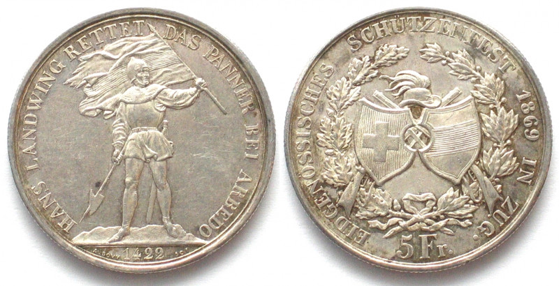 SWITZERLAND. Zug. 5 Francs 1869, Shooting Festival, shooting thaler, silver, UNC...