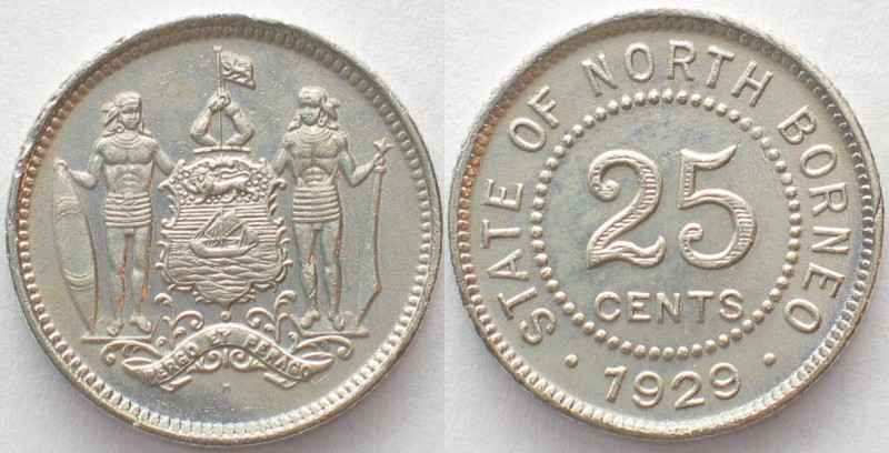 BRITISH NORTH BORNEO. 25 Cents 1929, silver, scarce! UNC-!
KM # 6.