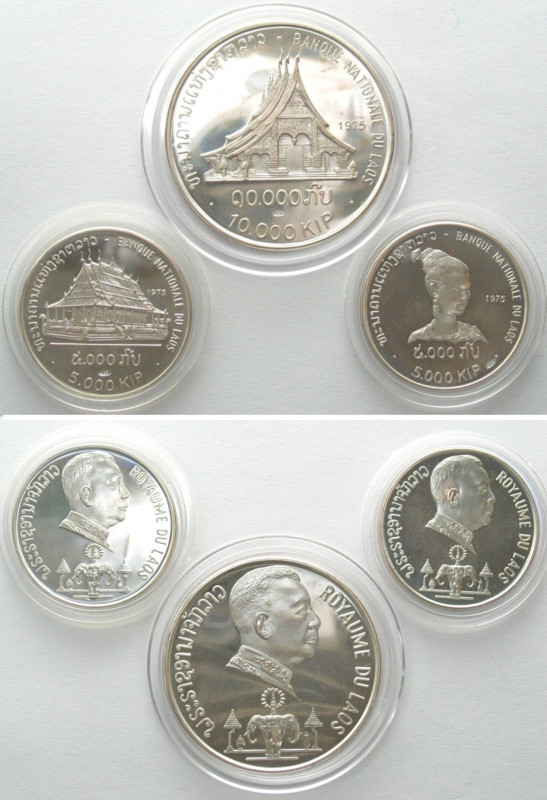 LAOS. Set 2 x 5.000 Kip, 10.000 Kip 1975 (3), silver, Proof
KM # 16.1,17,18. Li...