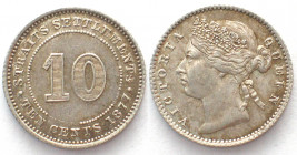 STRAITS SETTLEMENTS. 10 Cents 1877, Victoria, silver, rare! AU!