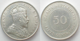 STRAITS SETTLEMENTS. 50 Cents 1902, Edward VII, silver, AU!