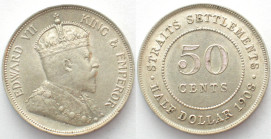 STRAITS SETTLEMENTS. 50 Cents 1908, Edward VII, silver, AU!