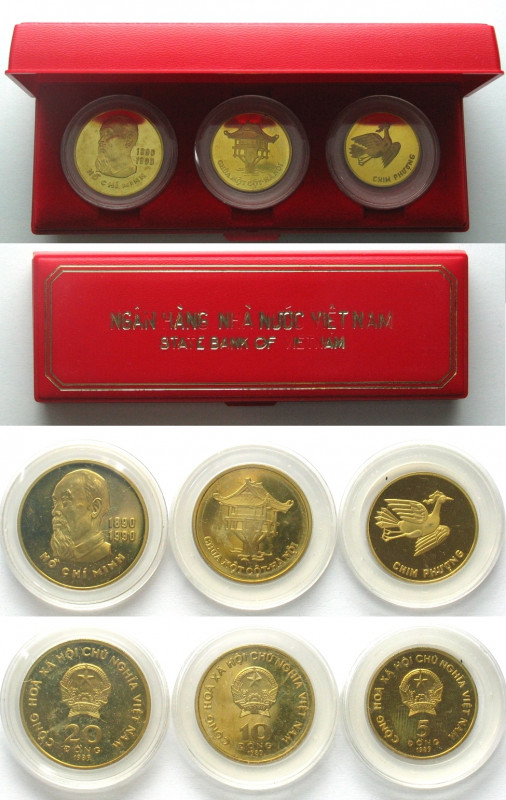 VIETNAM, Set, 5, 10, 20 Dong 1989, Leningrad mint, Ho Chi Minh, brass, Proof. 
...