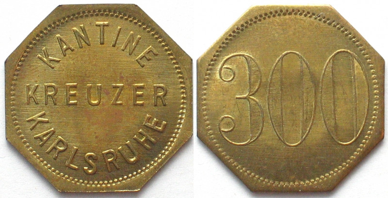 KREUZER KARLSRUHE. Kantine. 300 Pfennig o.J.(1929-1940), Messing, Erhaltung!
Me...