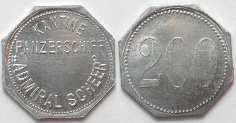 PANZERSCHIFF ADMIRAL SCHEER. Kantine. 200 Pfennig o.J.(1934-1945), Alu, Erhaltun...