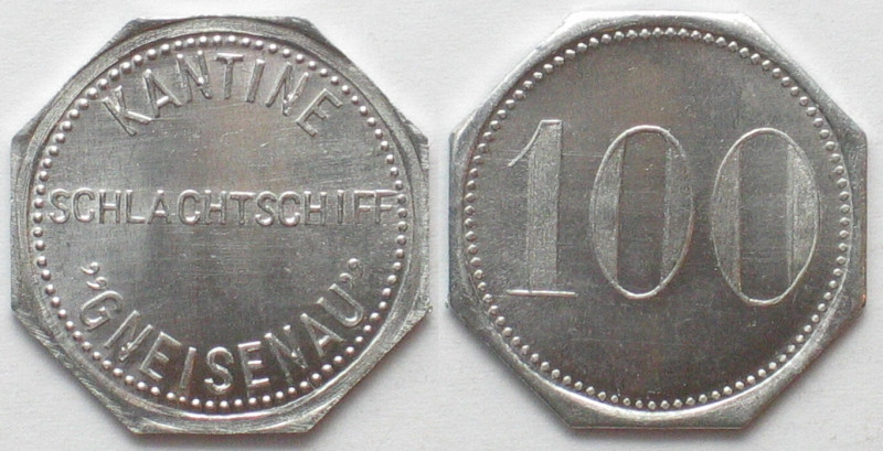 SCHLACHTSCHIFF GNEISENAU. Kantine. 100 Pfennig o.J.(1938-1942), Alu, Erhaltung!...