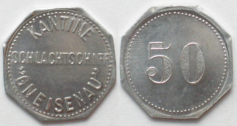 SCHLACHTSCHIFF GNEISENAU. Kantine. 50 Pfennig o.J.(1938-1942), Alu, Erhaltung!
...