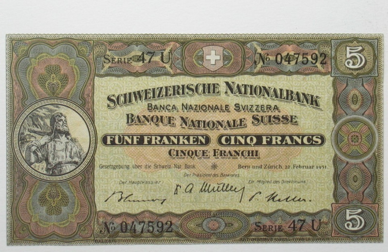 SCHWEIZ. 5 Franken 22.2.1951, Wilhelm Tell
Pick 11o, kassenfrisch (UNC)