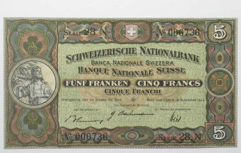 SCHWEIZ. 5 Franken 16.11.1944, Wilhelm Tell
Pick 11k, kassenfrisch (UNC)