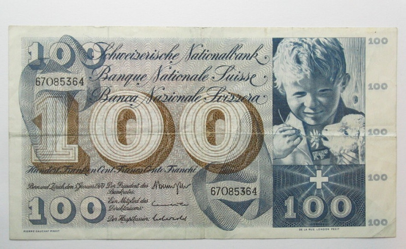 SCHWEIZ. 100 Franken 5.1.1970, 5. Serie, St. Martin
Pick 49l, III (VF)