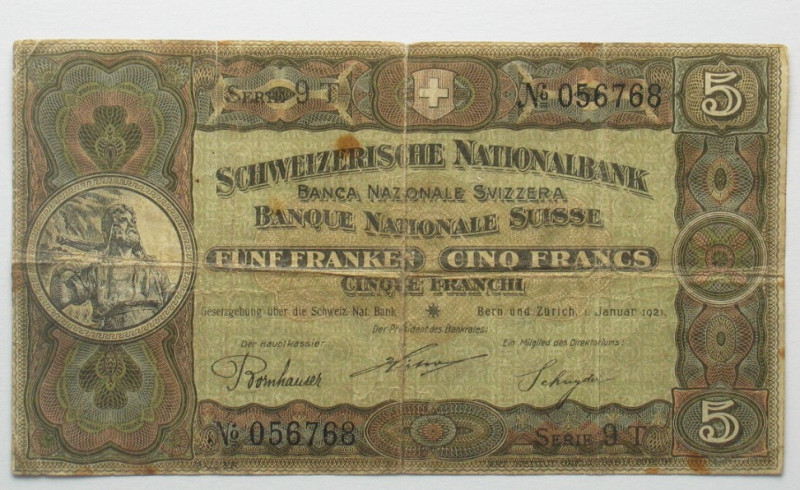SCHWEIZ. 5 Franken 1.1.1921, Wilhelm Tell
Pick 11e, III (VF)