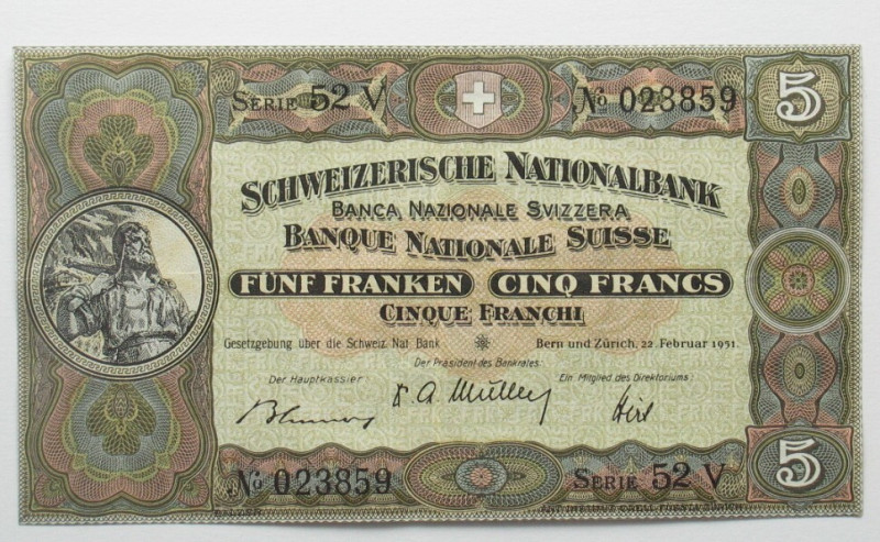 SCHWEIZ. 5 Franken 22.2.1951, Wilhelm Tell
Pick 11o, II (XF)