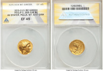 MACEDONIAN KINGDOM. Philip II (359-336 BC). AV stater (18mm, 8.57 gm, 9h). ANACS XF 45. Late lifetime-early posthumous issue of Pella, ca. 340-328 BC....
