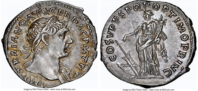 Trajan (AD 98-117). AR denarius (19mm, 3.48 gm, 6h). NGC AU 5/5 - 5/5. Rome, AD ...