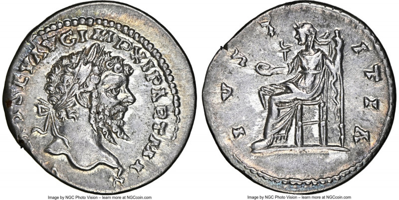 Septimius Severus (AD 193-211). AR denarius (19mm, 2.91 gm, 6h). NGC AU 4/5 - 4/...